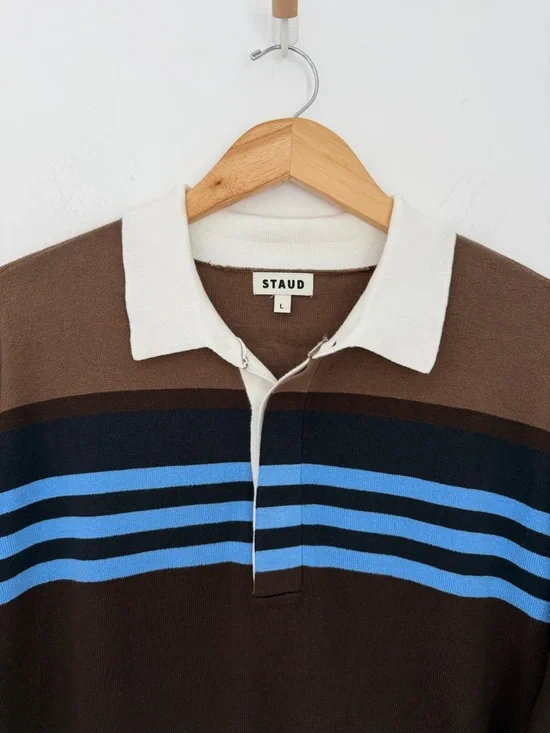 Staud Large Sail Top Earth Multi Stripe Cotton Knit Rugby Polo - Picture 7 of 9